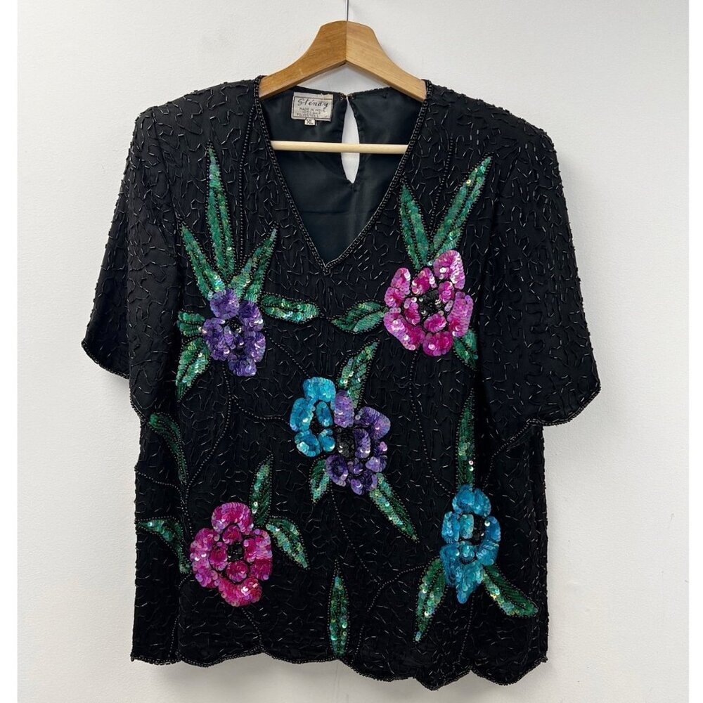 Stenay Vintage 80s 100% Silk Beaded Sequined Flower Top Blouse Sz XL Art To Wear